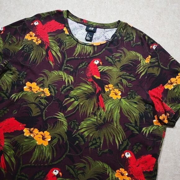 H&M Tropical Parrot Floral Palm Print Short Sleeve Mens T-Shirt #5 - Picture 2 of 5